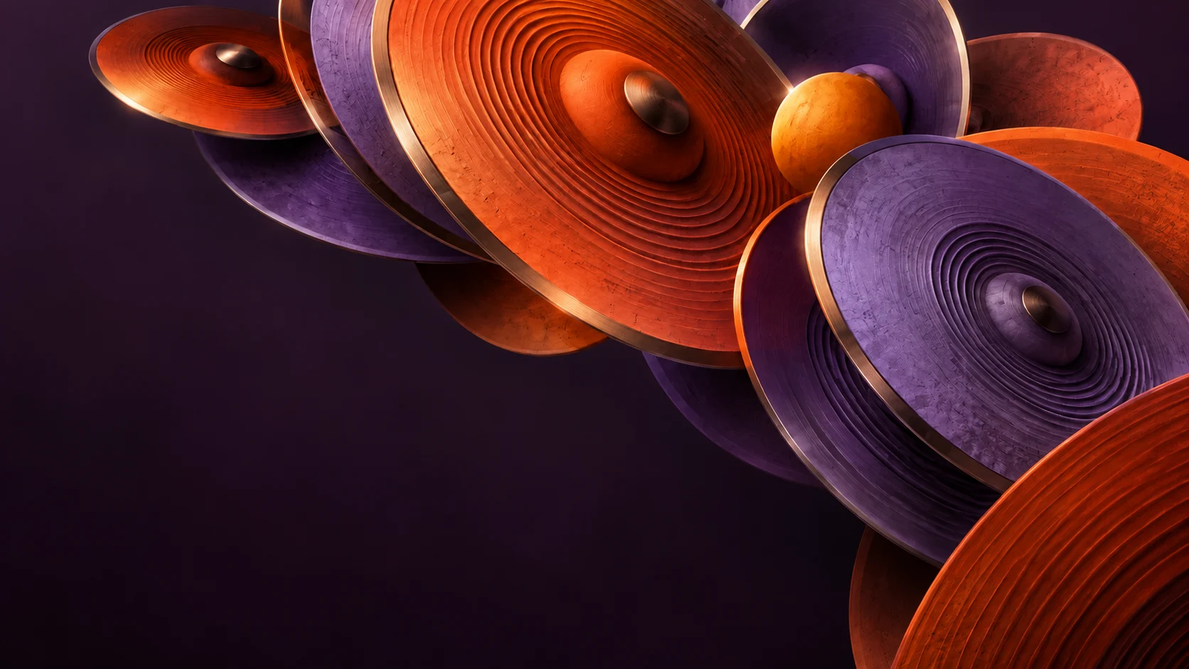 Orange and violet discs inspired by cymbal vibrations and vinyl grooves
